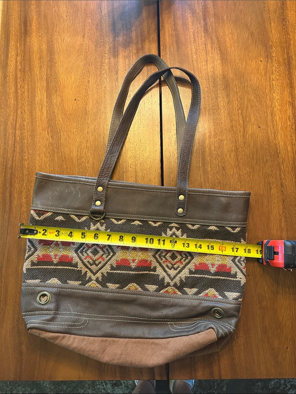 Myra Bag Brick Brown Leather Red Tan Embroidered Cotton Canvas Tote - Picture 13 of 14